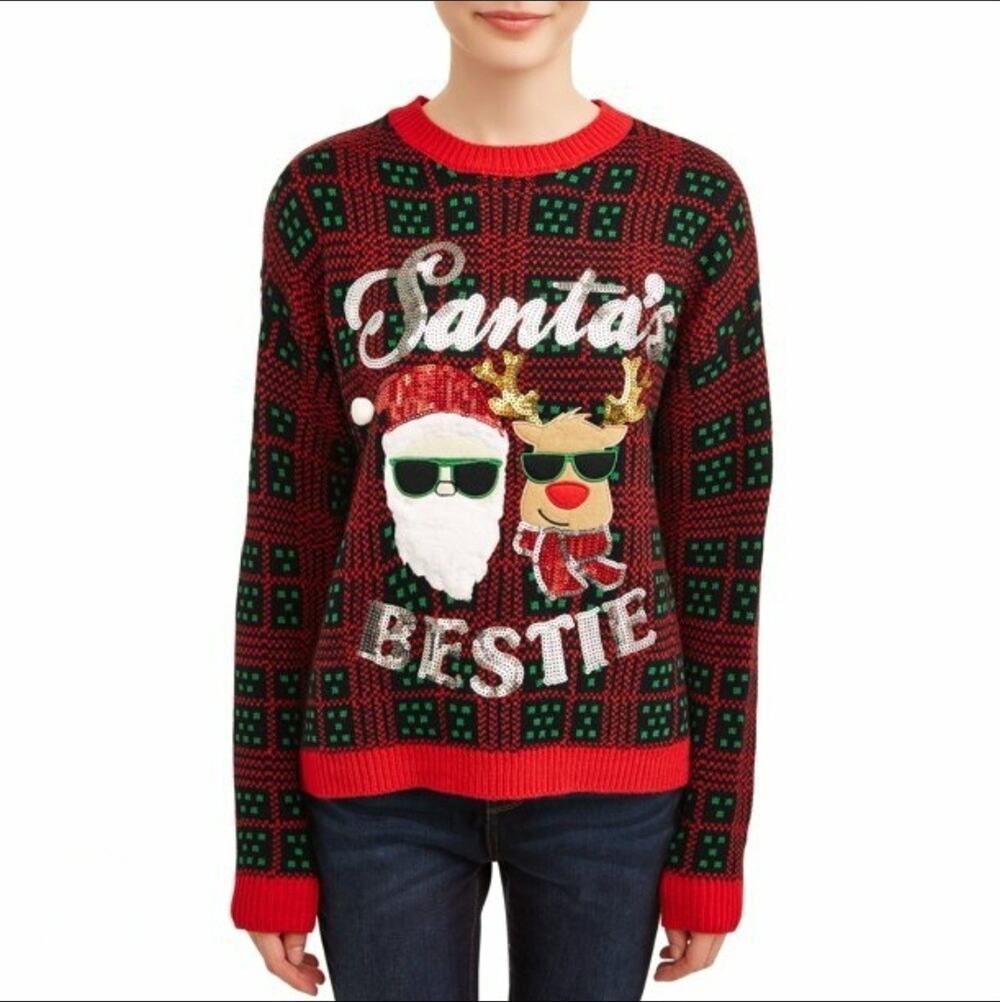 Santa's Bestie Ugly Christmas Sweater Juniors' S (3-5) Sequins Holiday